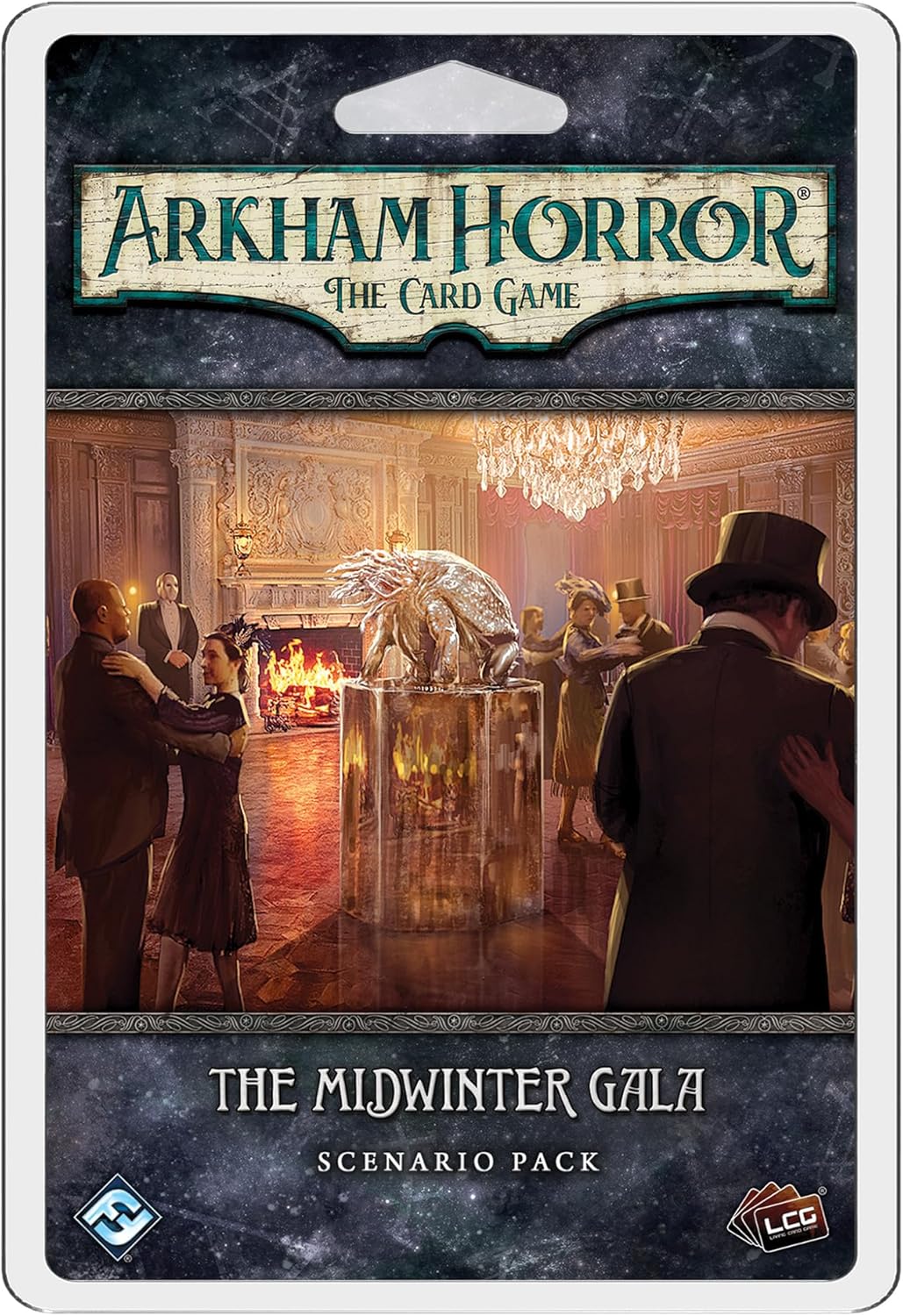 Arkham Horror The Card Game - The Midwinter Gala Scenario Pack card set cover featuring an illustration of a Victorian-era ballroom with guests, a fireplace, and a large, dark statue in the center.