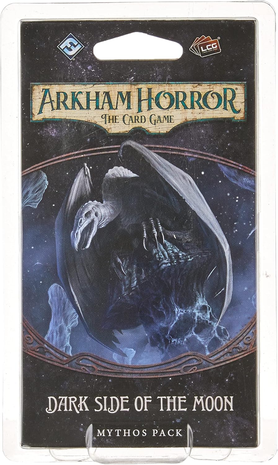 Packaging for 'Arkham Horror The Card Game - Dark Side of the Moon - Mythos Pack', featuring artwork with a dark, misty moonlit scene and a large, looming monster in the foreground.