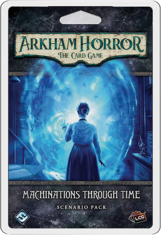 Packaging for 'Arkham Horror: The Card Game: Machinations Through Time Scenario Pack' featuring a dark, mystical scene with a character and time elements.