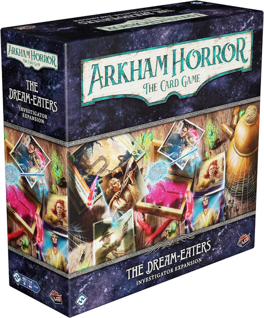 Box cover for Arkham Horror: The Dream-Eaters Investigator Expansion, featuring images of the game's investigators and cards.