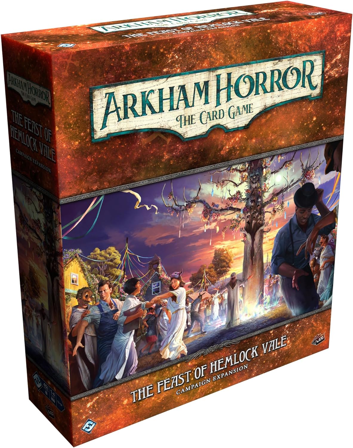 Arkham Horror The Card Game expansion box for The Feast of Hemlock Vale with artwork of a village scene and characters.