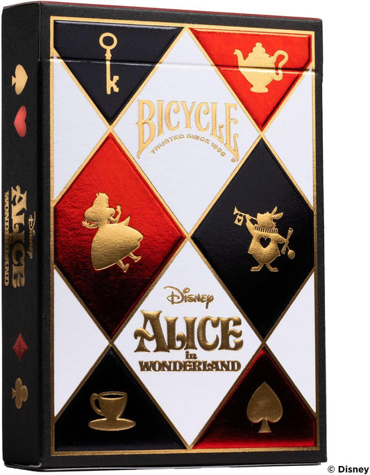 A pack of Bicycle playing cards featuring Disney's Alice in Wonderland design with red, white, and black geometric patterns and character motifs.