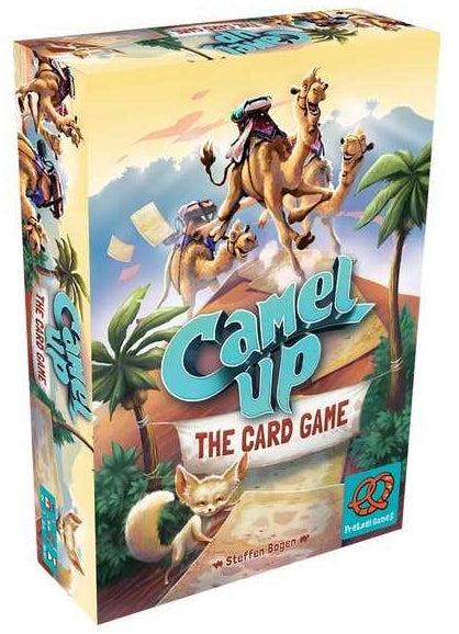 The image shows the packaging of 'Camel Up The Card Game'. The box features an illustration of five camels with a person riding a camel, palm trees, and a desert backdrop.