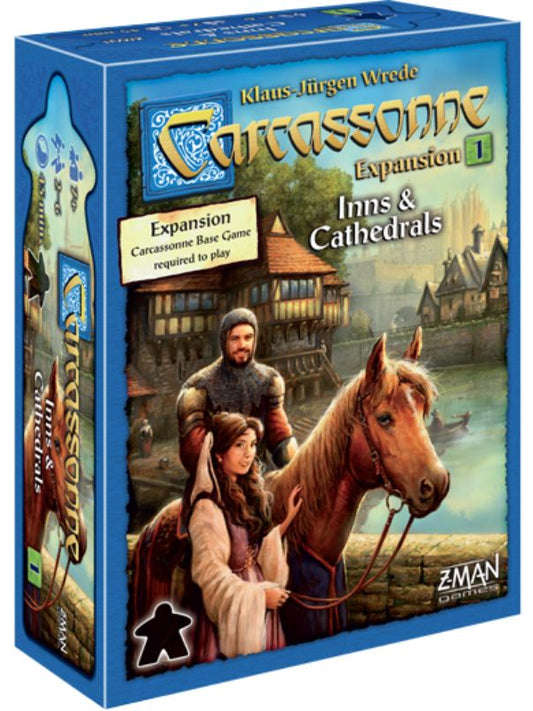 Box cover for Carcassonne Inns & Cathedrals expansion pack featuring illustrations of medieval-themed game tiles, a monk, a horse, and a castle.