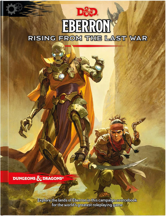 Cover art of the Dungeons & Dragons Eberron: Rising from the Last War supplement, featuring a illustrated depiction of a character in a fantasy setting with magical elements.