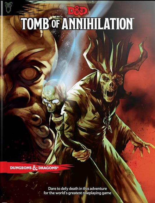 Cover art for 'Tomb of Annihilation' Dungeons & Dragons supplement, featuring fantastical creatures and a dark, misty forest setting.