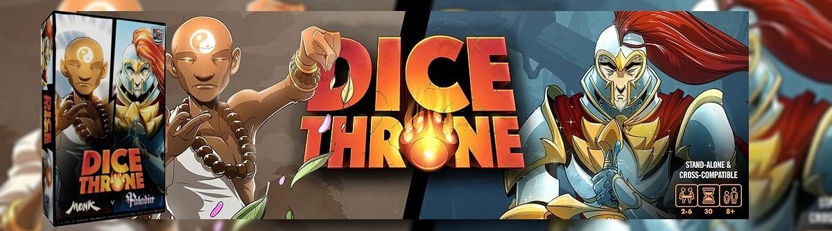 Dice Throne game box with warrior figures on a dark background
