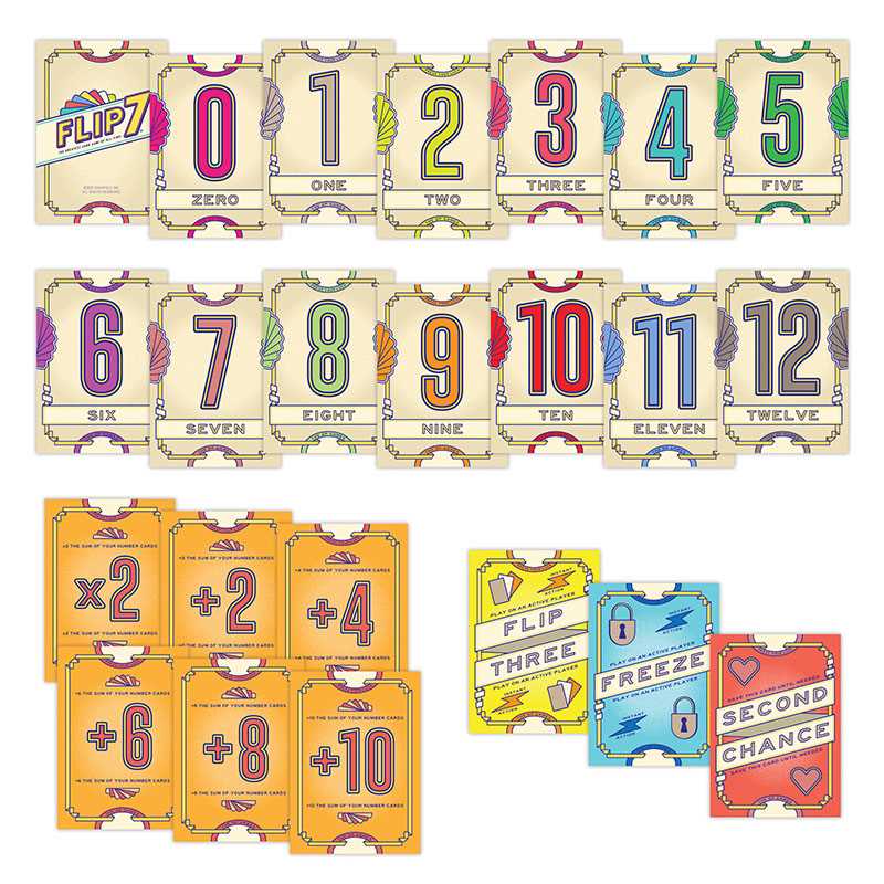 Flip 7 the card game cards laid out on a white background