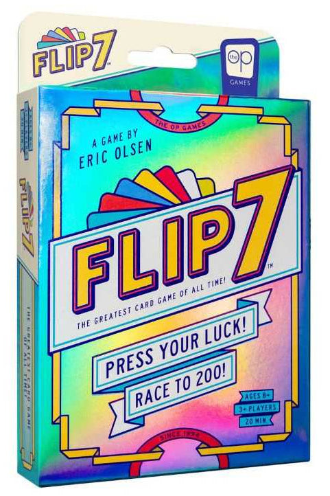 Flip 7 Card game product packaging with bright colours and text "Press your luck!"