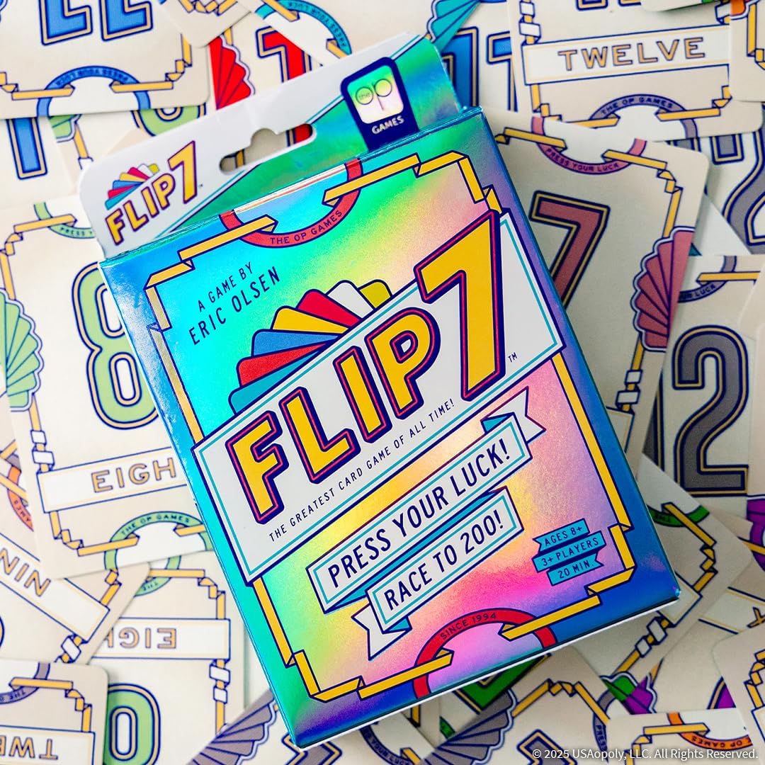 Colourful 'FLIP 7' game box with game cards featuring numbers in the background