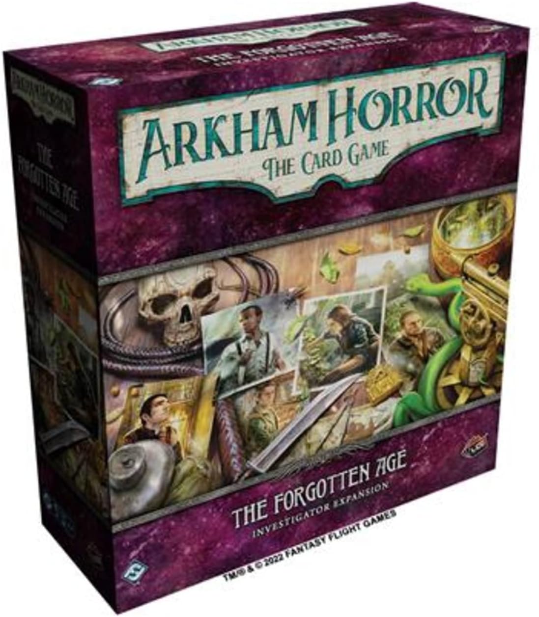 Boxed card game 'Arkham Horror The Card Game - The Forgotten Age Investigator Expansion' featuring artwork with five investigators and game-related imagery.