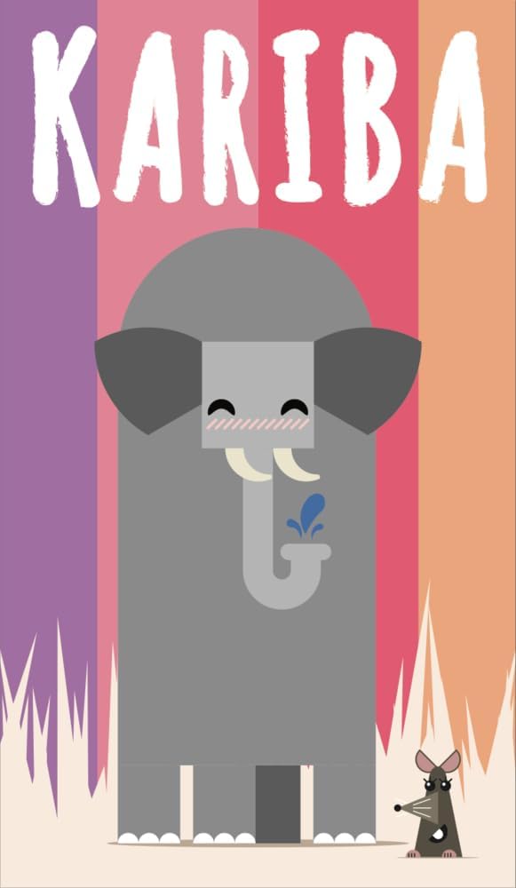 A colorful illustration of a card game named Kariba, featuring an elephant and a mouse with a waterhole in the background.