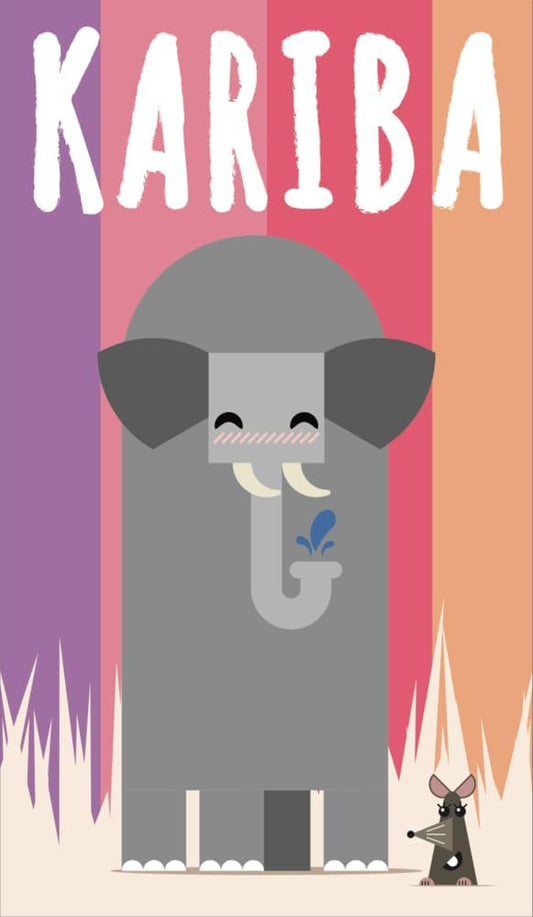 A colorful illustration of a card game named Kariba, featuring an elephant and a mouse with a waterhole in the background.