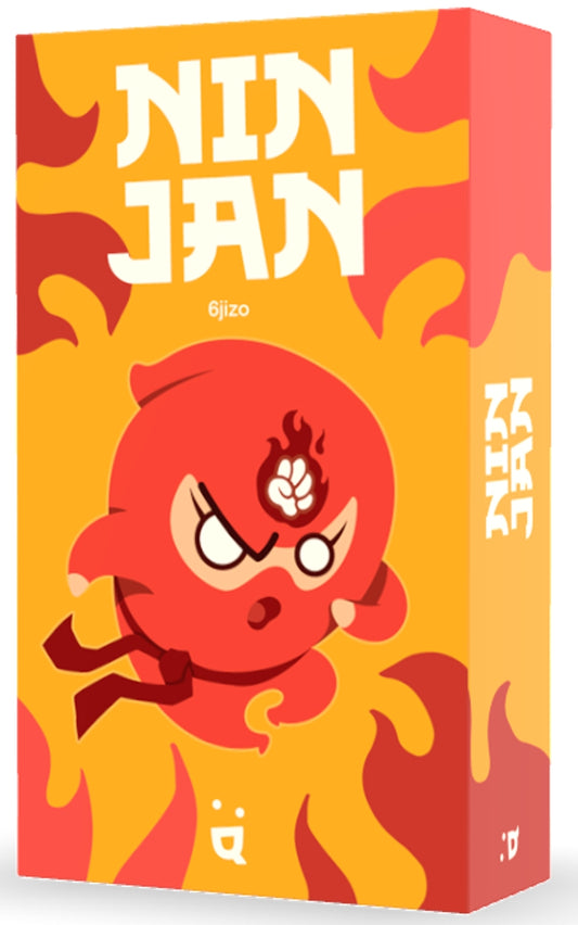 The image shows the cover of a card game called 'Ninjan'. It features a stylized, cartoon-style red ninja character with a fierce expression, surrounded by orange and yellow flames.