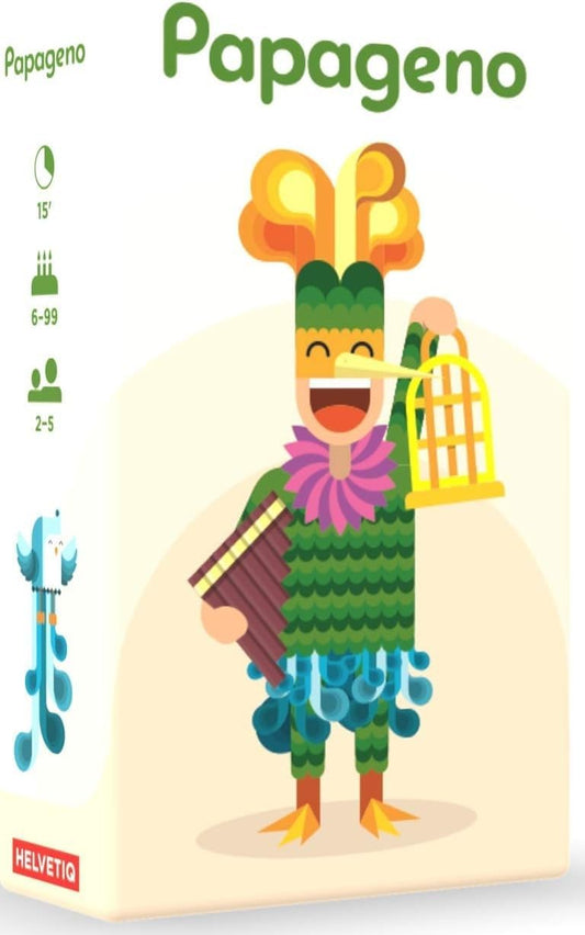 The image shows the packaging of a card game called 'Papageno'. It features an illustrated character resembling a bird-catcher from a fairy tale, with a green body, multicolored feathers, and a happy expression.