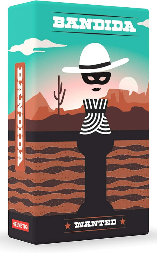 The image shows the cover of the board game 'Bandida', featuring an illustration of a character in a wide-brimmed hat against a desert backdrop, with the text 'Bandida', 'Yuclan', 'Wanted', and '5-10 players, ages 6+'.