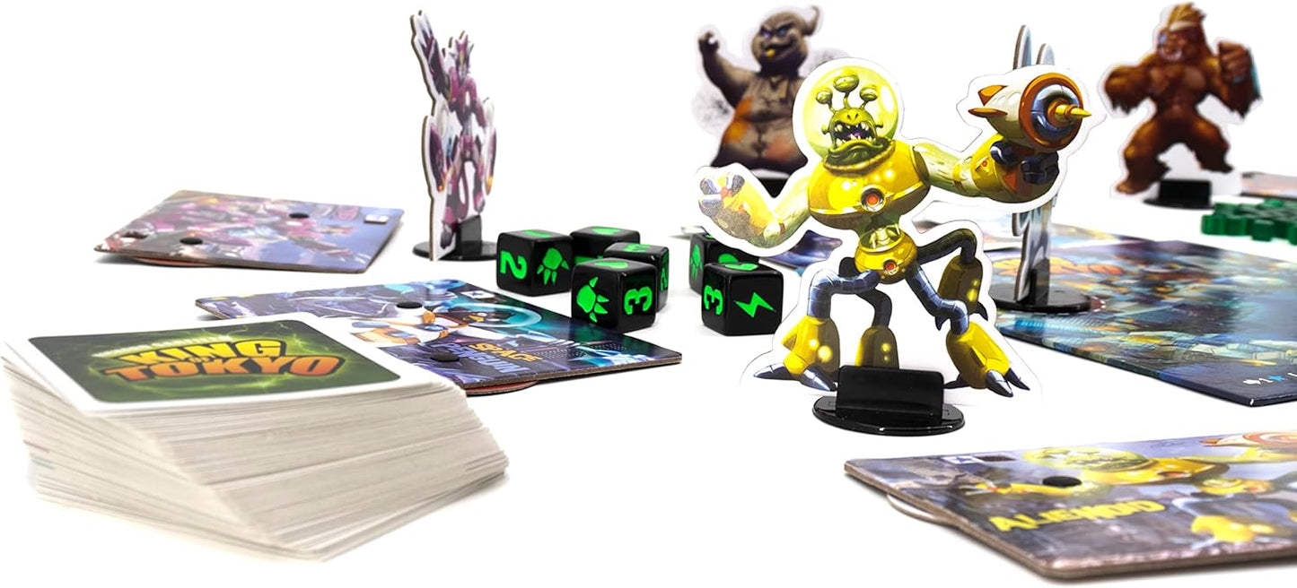 Toy figures and cards on a white surface