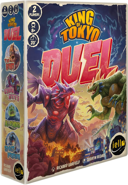 Box cover art for King of Tokyo Duel board game, featuring a colorful illustration of two fantasy creatures with a cityscape backdrop.