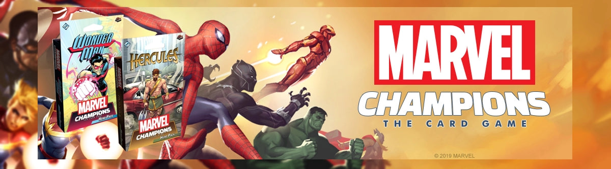 Marvel Champions the card game banner with superhero characters new card packs and Marvel Champions the card game logo.