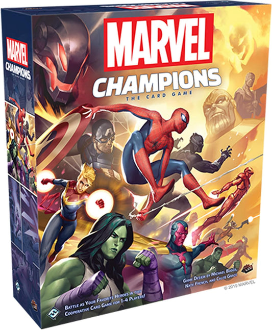 The image features the box of the board game "Marvel Champions: The Card Game." It displays dynamic artwork of various Marvel superheroes like Spider-Man, Captain America, and Iron Man, as well as the game's title and the age suitability indication.