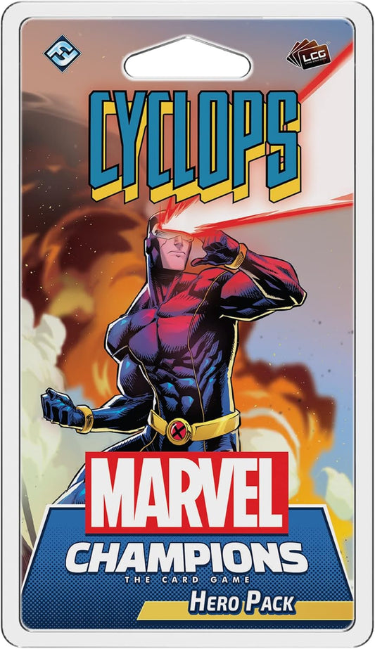 Packaging for Marvel Champions: Cyclops Hero Pack card game, featuring an illustration of the character Cyclops with red eyes and a yellow belt, against a blue and orange background.