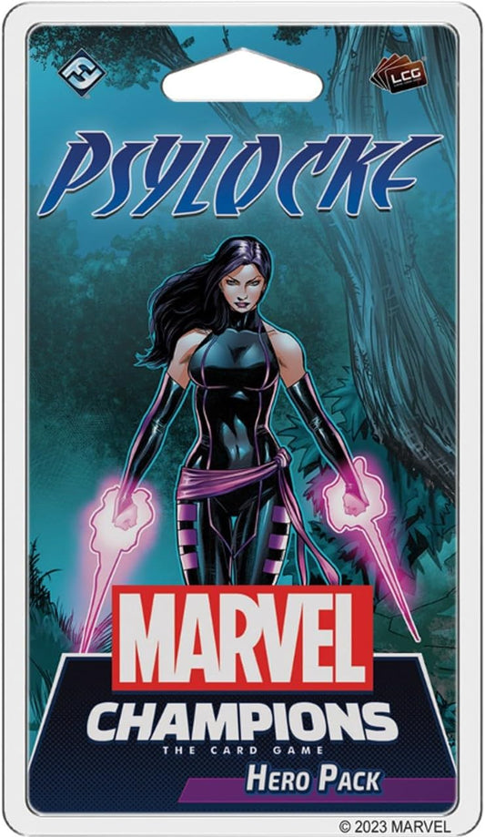 Packaging for Marvel Champions: Psylocke Hero Pack, featuring an illustration of the character Psylocke in a dynamic pose with a sword in her hand, against a backdrop of a forest and a mystical aura.