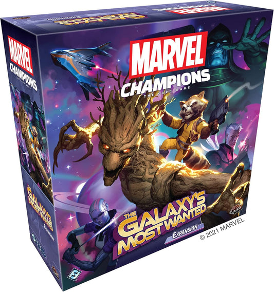 Product image of Marvel Champions: The Galaxy's Most Wanted Expansion, featuring character art of the Guardians of the Galaxy, including Groot and Rocket Raccoon, on the box cover.