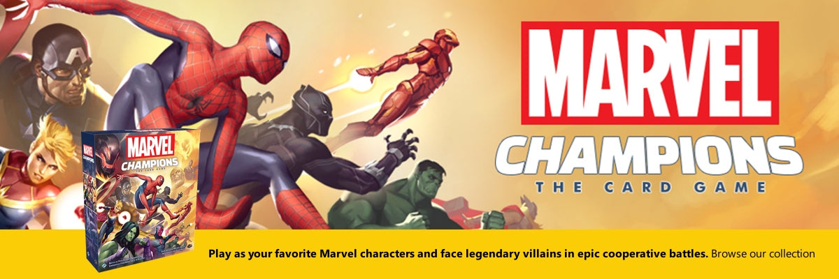 Marvel Champions card game packaging with superhero characters and Marvel logo.
