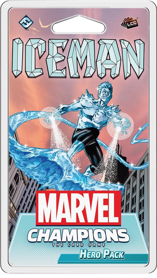 Marvel Champions hero pack featuring Iceman with colorful design and Marvel logo.