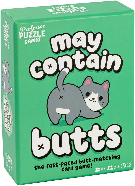 Card game box titled 'May Contain Butts' by Professor Puzzle Games on a green background