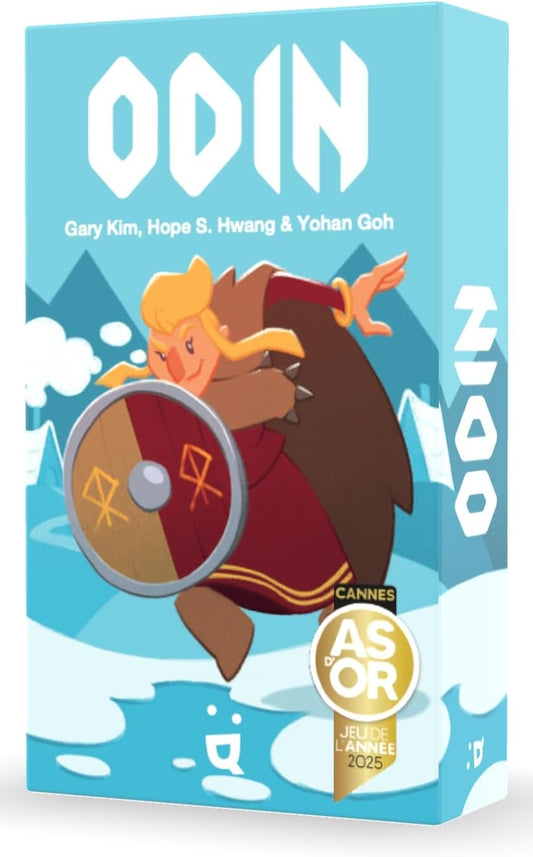 A board game box cover for 'Odin' featuring an illustrated Viking character with a shield and axe, set against a blue background with snowflakes.