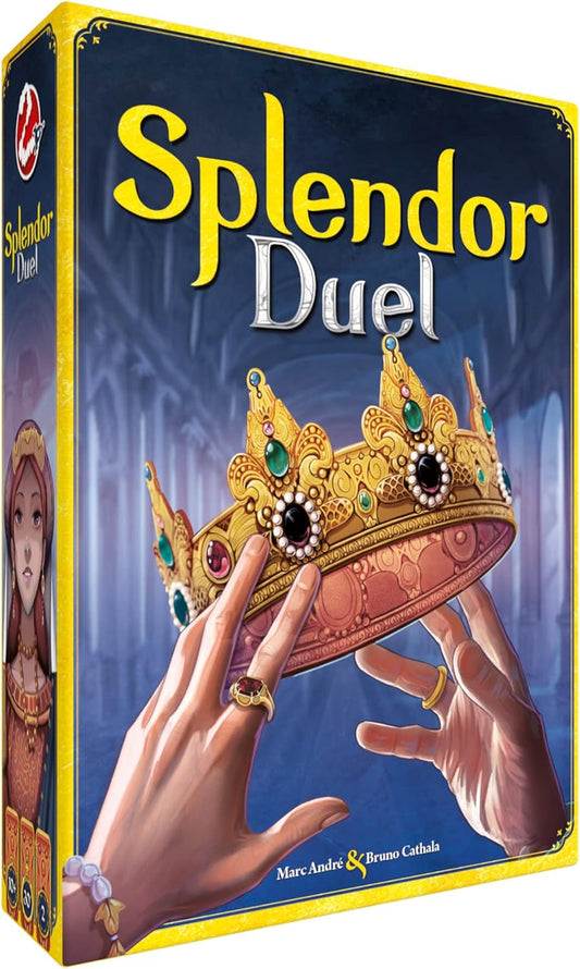 The product image shows the box of 'Splendor Duel', featuring a close-up of a golden crown with gemstones, set against a blue background. The text on the box reads 'Splendor Duel'.