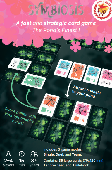 Symbiosis Card game rear of packaging showing game in play on a pink and green background