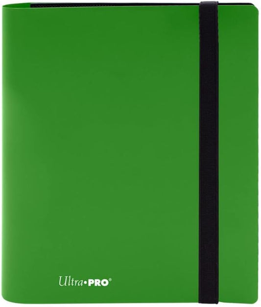 Green Ultra Pro binder with a black strap on a white background