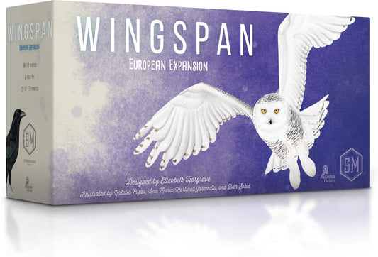 Wingspan European Expansion game box with owl illustration on a purple background