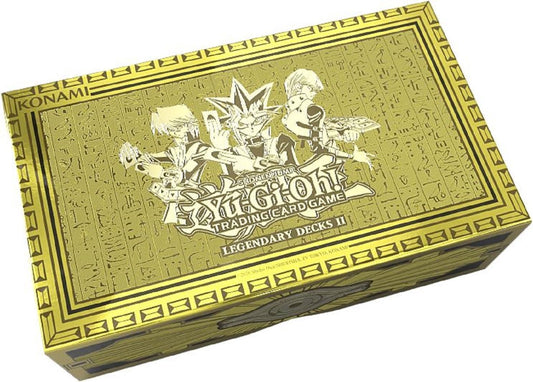 A boxed set of the Yu-Gi-Oh! Legendary Deck II game, featuring an illustration of the characters Yugi, Kaiba, and Joey on the cover.