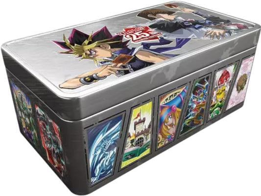 A tin set of the Yu-Gi-Oh! Trading card game Duelling Mirrors features an illustration of characters and cards on its surface.