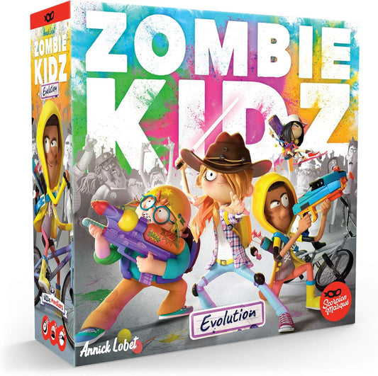 The product image shows the box cover of 'Zombie Kidz Evolution' board game, featuring colorful artwork with animated zombie characters and a school setting.