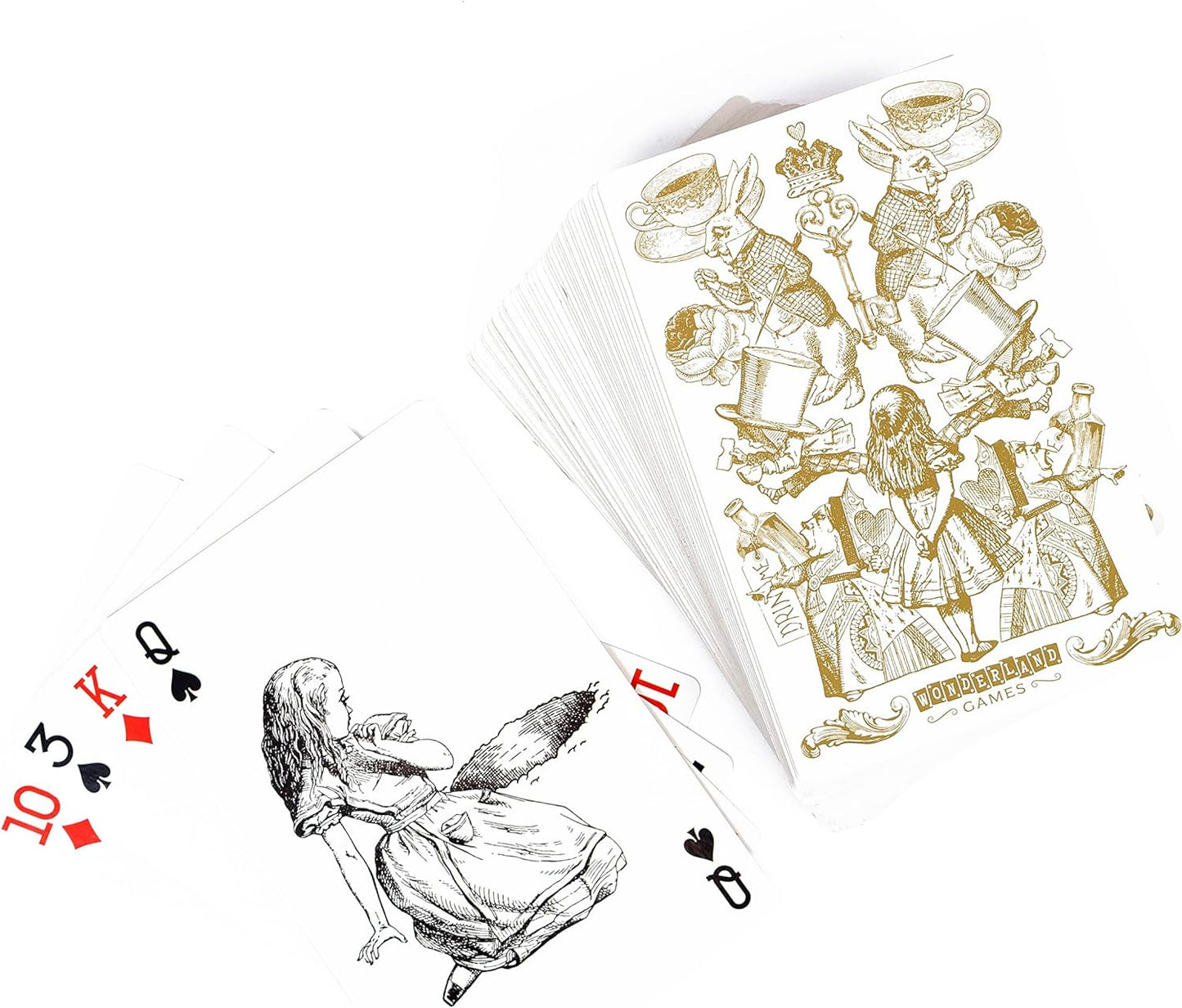 Playing cards with Alice in Wonderland design on a white background