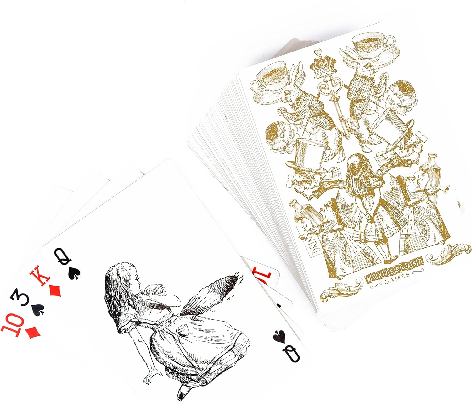 Playing cards with Alice in Wonderland design on a white background