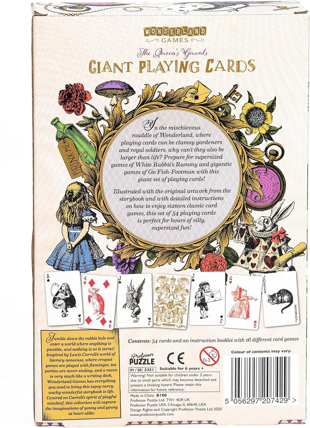 Back of a card game box with illustrations and text, featuring Wonderland Games branding.