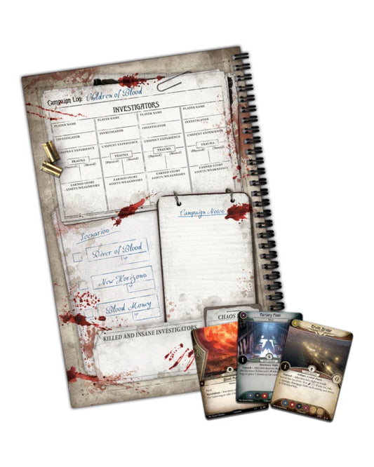 Arkham Horror: The Card Game Children of Blood Expansion. Showing a  spiral-bound notebook with a horror-themed cover reading 'Criminal File: Letters of Blood' and blood-splatter details, shown alongside two small cards on a plain white background.
