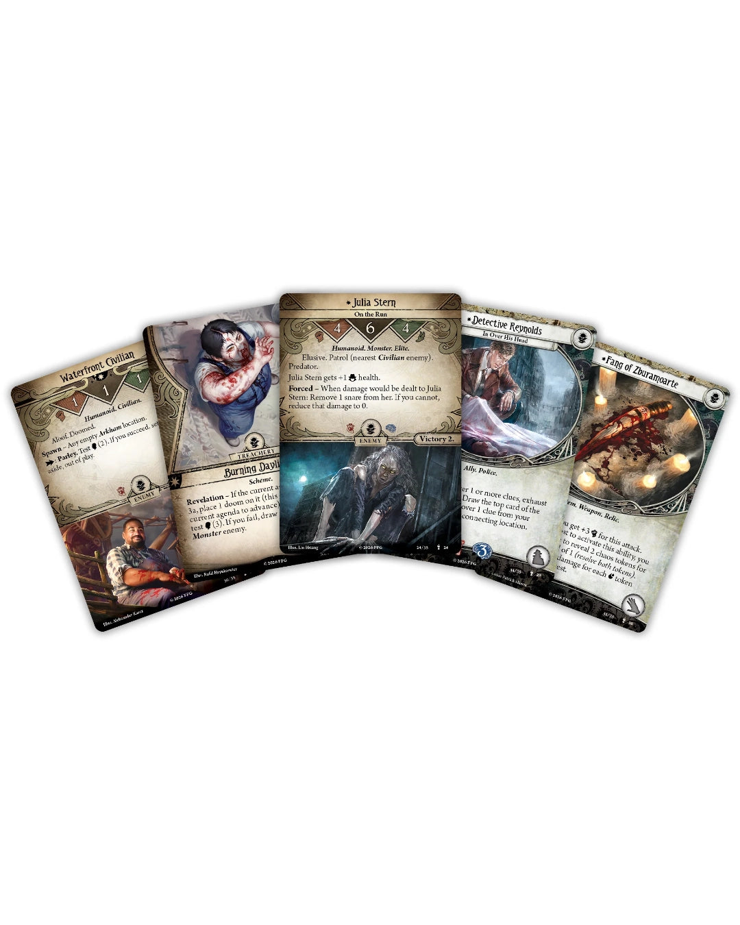Arkham Horror: The Card Game set for Children of Blood expansion. Displaying five fantasy card illustrations fanned out against a plain white background, showing card art and text panels from a tabletop gaming set.