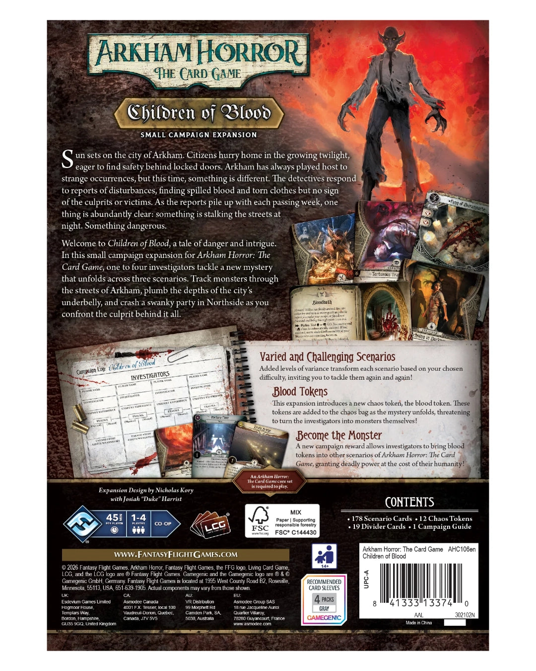 Back cover of the Arkham Horror: The Card Game 'Children of Blood' small campaign expansion box, featuring artwork of a ghostly figure, game stats, rules text, and a barcode on a dark background.