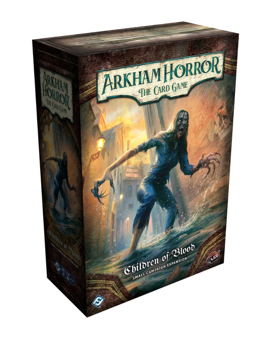 Arkham Horror: The Card Game box set for Children of Blood, featuring dark fantasy artwork of a zombie-like figure in a city street at night, shown at a three-quarter angle on a white background.