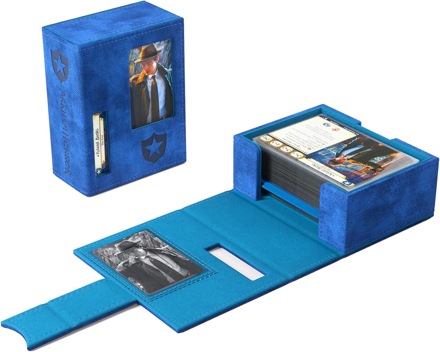 Arkham Horror Investigator Deck Tome - Guardian (Blue) with compartments and a window displaying a card with a person's face.