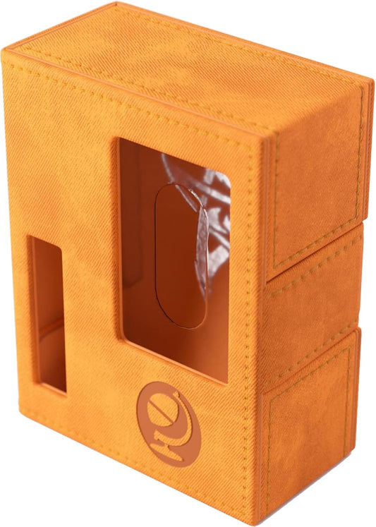 Arkham Horror orange textured box with a windowed side and a logo on a white background