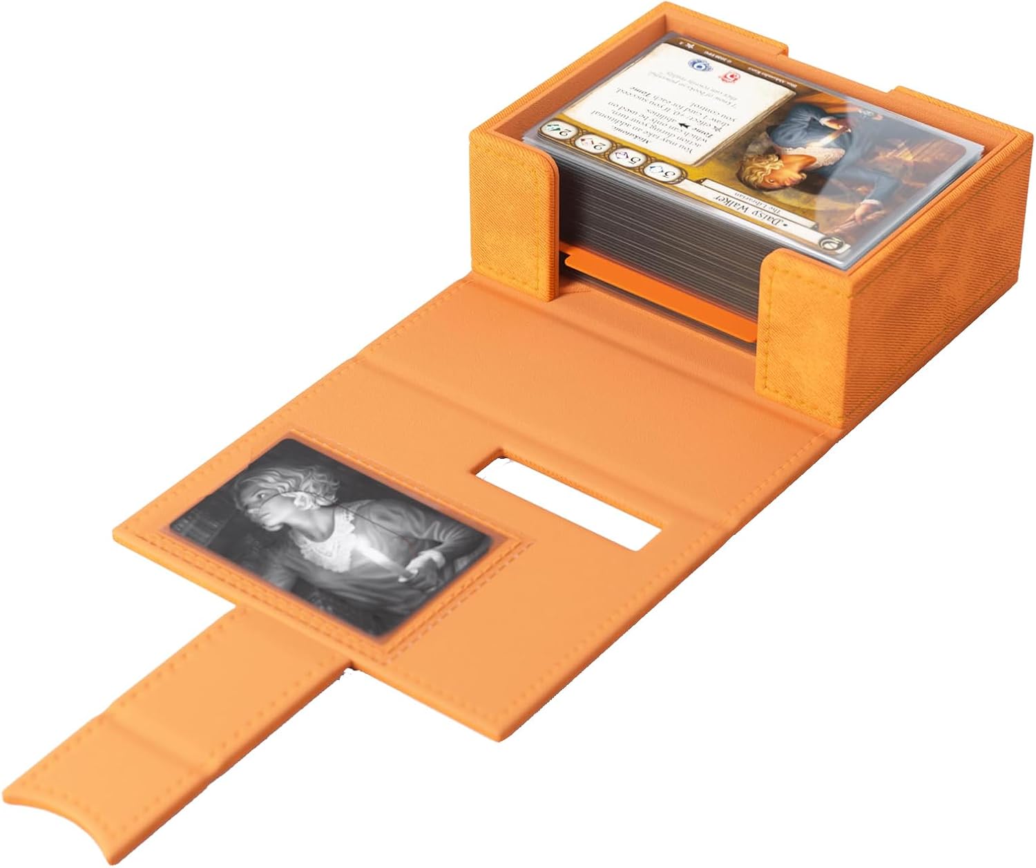Arkham Horror Investigator Deck Tome - Seeker (Orange) with trading cards on a white background