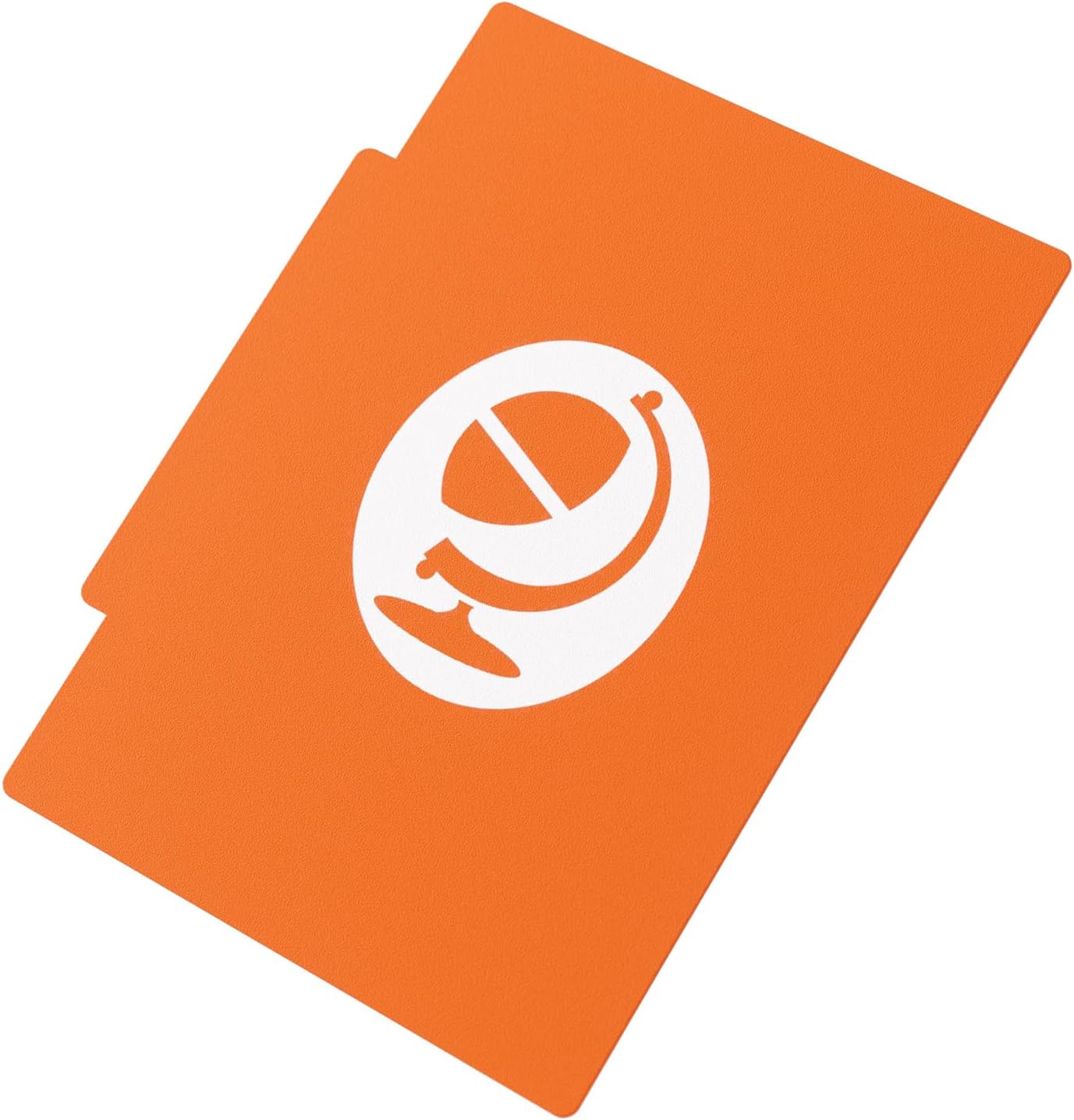 Orange card with a white logo on a white background