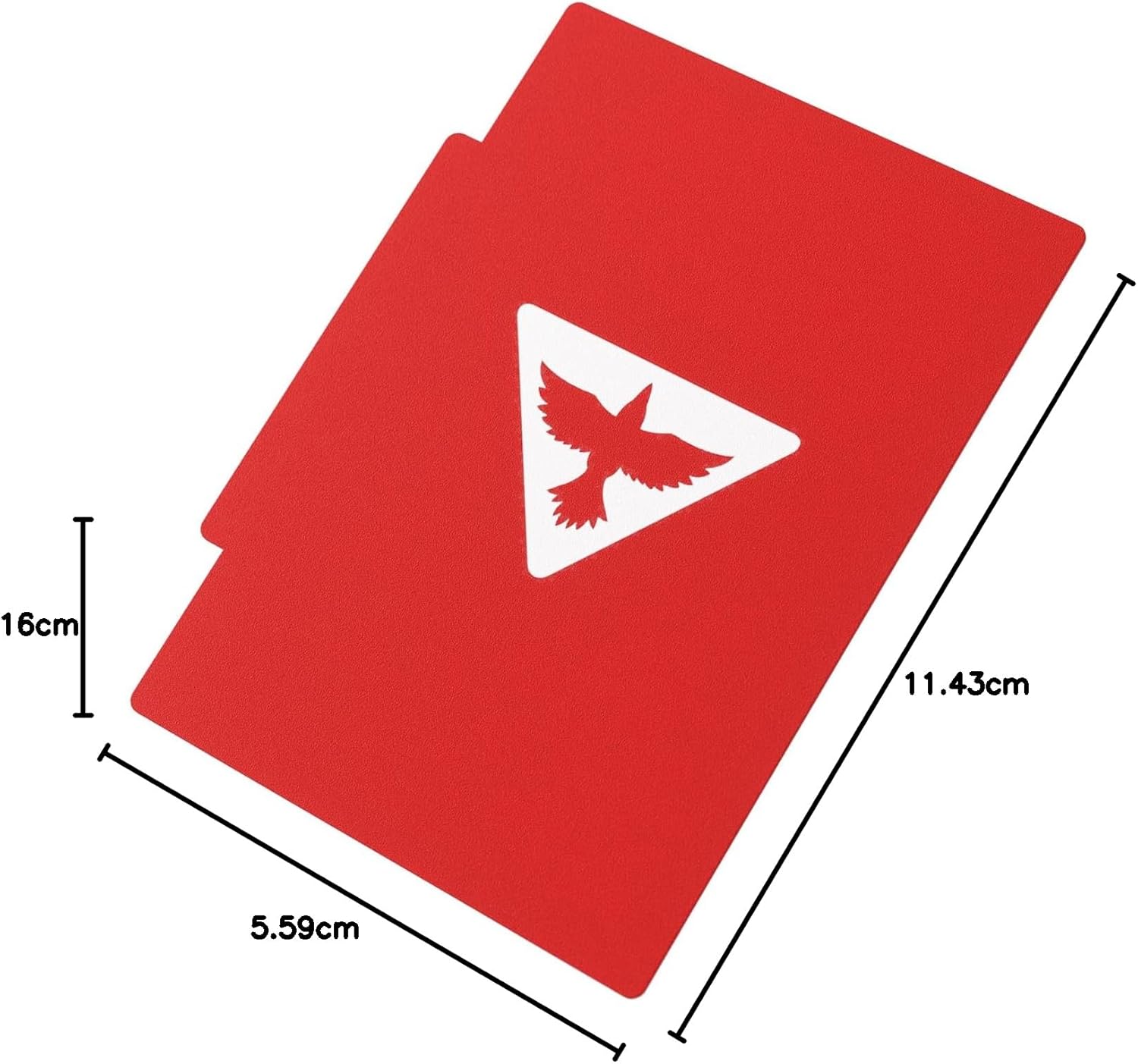 Red card with a white logo on a white background